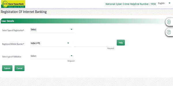 KVB Net Banking New User Registration