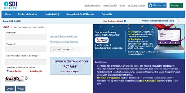 Login to SBI Net Banking