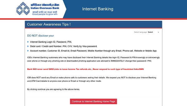 IOB Net Banking: Login